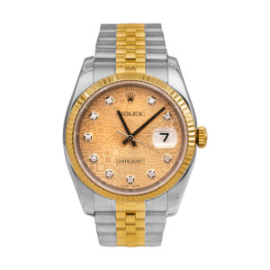 Pre-owned Rolex Datejust watch, 36mm in 18k yellow gold and stainless steel with a champagne Jubilee diamond dial, 18k yellow gold fluted bezel, sapphire crystal, Jubilee bracelet, and automatic movement.