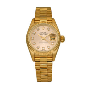 Pre-owned Rolex Datejust watch, 26mm in 18k yellow gold with a silver diamond dial, fluted bezel, sapphire crystal, President bracelet, and automatic movement with box & papers.