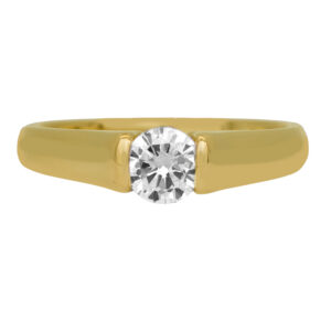 Vintage 14k yellow gold solitaire engagement ring set with a 0.45 carat round brilliant earth-mined diamond.