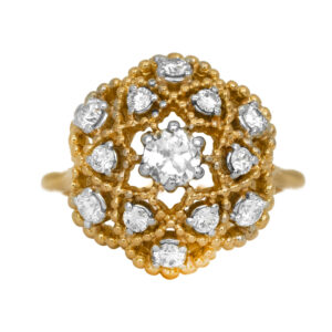 Vintage 18k yellow gold cluster ring set with 1.00 carat of round brilliant earth-mined diamonds.