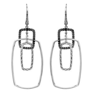 Vintage sterling silver John Hardy Classic Chain earrings set with round brilliant black sapphires.