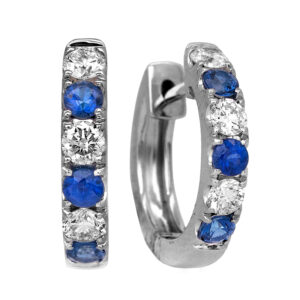 New 14k white gold huggie hoop earrings set with 0.38 carats of round brilliant blue sapphires plus 0.36 carats of round brilliant earth-mined diamonds.