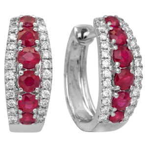 New 18k white gold huggie hoop earrings set with 0.89 carats of round brilliant rubies plus 0.26 carats of round brilliant earth-mined diamonds.
