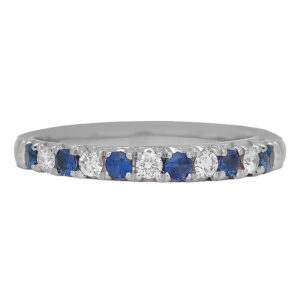 New 14k white gold band set with 0.47 carats of round brilliant blue sapphires plus 0.34 carats of round brilliant earth-mined diamonds.