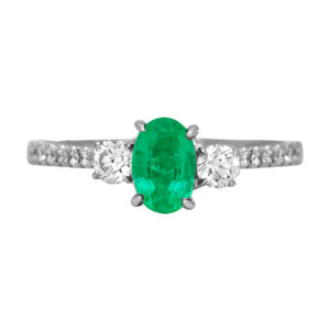 New 14k white gold ring set with a 0.41 carat oval emerald plus 0.24 carats of round brilliant earth-mined diamonds.