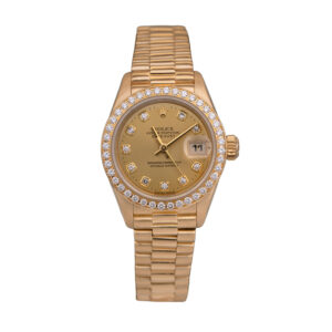 Pre-owned Rolex Datejust Crown Collection watch, 26mm in 18k yellow gold with a champagne diamond dial, diamond bezel, sapphire crystal, President bracelet, folding clasp, and automatic movement.