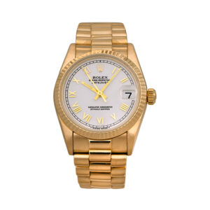 Pre-owned Rolex Datejust President watch, 31mm in 18k yellow gold with a diamond champagne dial, fluted bezel, sapphire crystal, President bracelet, folding clasp, and automatic movement.