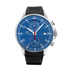 Pre-owned IWC Portugieser Yacht Club Chronograph watch, 45.5mm in stainless steel with a blue dial, black rubber strap, and automatic movement with original box.