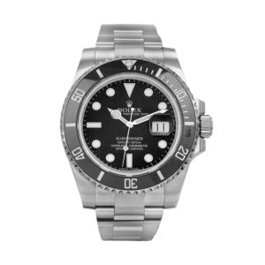 Pre-owned Rolex Submariner watch, 40mm in stainless steel with a black ceramic dial, black ceramic bezel, sapphire crystal, Oyster bracelet, fliplock clasp, and automatic movement, with card.