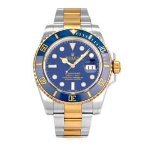 Pre-owned Rolex Submariner watch, 40mm in 18k yellow gold and stainless steel with a blue dial, blue ceramic bezel, Oyster bracelet, fliplock folding clasp, and automatic movement, with card.