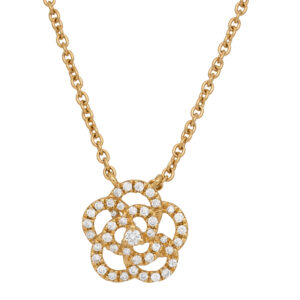 New 18k yellow gold flower pendant set with 0.20 carats of round brilliant earth-mined diamonds on an 18" cable chain.