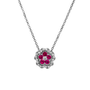 New 14k white gold flower necklace set with 0.26 carats of round brilliant rubies plus 0.17 carats of round brilliant earth-mined diamonds on an 18" cable chain.