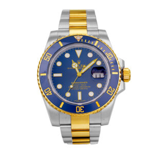 Pre-owned Rolex Submariner watch, 40mm in 18k yellow gold and stainless steel with a blue dial, blue ceramic bezel, Oyster bracelet, fliplock folding clasp, and automatic movement, with card.