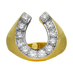 Vintage 14k yellow gold horseshoe ring set with 1.10 carats of round brilliant earth-mined diamonds.