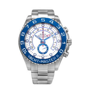 Pre-owned Rolex Yacht-Master II watch, 44mm in stainless steel with a white dial, blue bezel, sapphire crystal, Oyster bracelet, folding clasp, and automatic movement, with box & card.