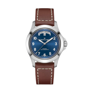 New Hamilton Khaki Field King Day-Date watch, 40mm in stainless steel with a blue dial, exhibition back, sapphire crystal, brown leather strap, and automatic movement.