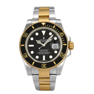 Pre-owned Rolex Submariner watch, 40mm in 18k yellow gold and stainless steel with a black dial, black ceramic bezel, Oyster bracelet, fliplock folding clasp, and automatic movement, with card.