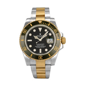 Pre-owned Rolex Submariner watch, 40mm in 18k yellow gold and stainless steel with a black dial, black ceramic bezel, Oyster bracelet, fliplock folding clasp, and automatic movement, with card.