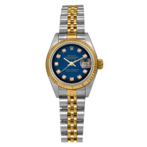 Pre-owned Rolex Datejust watch, 26mm in 18k yellow gold and stainless steel with a blue vignette diamond dial, 18k yellow gold fluted bezel, sapphire crystal, Jubilee bracelet, folding clasp, and automatic movement.