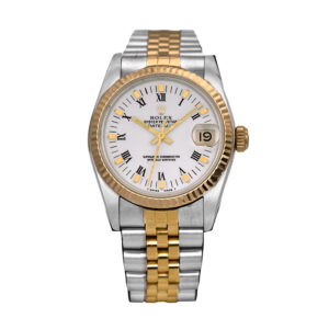 Pre-owned Rolex Datejust watch, 31mm in stainless steel and 18k yellow gold with a white Roman Buckley dial, fluted bezel, sapphire crystal, Jubilee bracelet, folding clasp, and automatic movement.