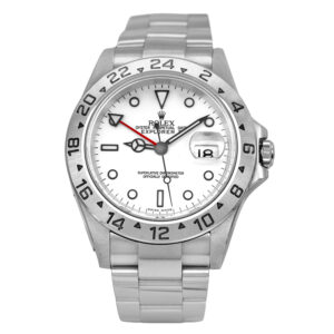 Pre-owned Rolex Explorer II watch, 40mm in stainless steel with a white dial, numbered bezel, sapphire crystal, Oyster bracelet, fliplock clasp, and automatic movement.