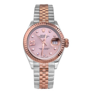 Pre-owned Rolex Datejust watch, 28mm in 18k rose gold and stainless steel with a rose diamond dial, fluted bezel, sapphire crystal, Jubilee bracelet, folding clasp, and automatic movement, with box & card.