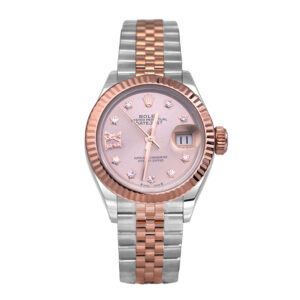 Pre-owned Rolex Datejust watch, 28mm in 18k rose gold and stainless steel with a rose diamond dial, fluted bezel, sapphire crystal, Jubilee bracelet, folding clasp, and automatic movement, with box & card.