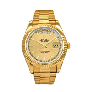 Pre-owned Rolex Day-Date President watch, 41mm in 18k yellow gold with a champagne dial, fluted bezel, President bracelet, and automatic movement, with box & card.