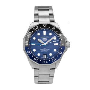 Pre-owned TAG Heuer Aquaracer GMT watch, 42mm in stainless steel with a blue dial, blue/black rotating bezel, foldover clasp, and automatic movement, with box & card.