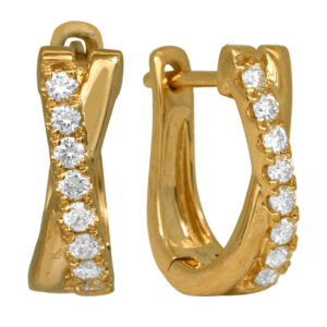 New 14k yellow gold crossover hoop earrings set with 0.26 carats of lab-grown round brilliant diamonds.