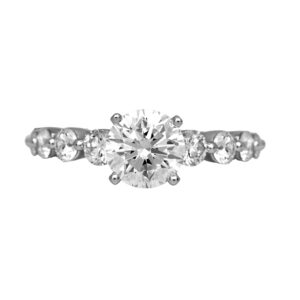 New 14k white gold engagement ring set with a 1.50 carat lab-grown round brilliant diamond plus 0.90 carats of lab-grown round brilliant diamonds.