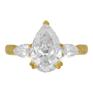 New 14k yellow gold three stone engagement ring set with a 3.00 carat lab-grown pear diamond plus 0.63 carats of lab-grown pear and round brilliant diamonds.