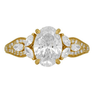 New 14k yellow gold engagement ring set with a 2.04 carat lab-grown oval diamond plus 0.66 carats of lab-grown marquise and round brilliant diamonds.
