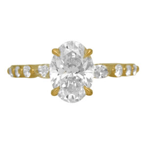 New 14k yellow gold engagement ring set with a 2.00 carat lab-grown oval diamond plus 0.54 carats of lab-grown round brilliant and marquise diamonds.