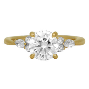 New 14k yellow gold outer halo engagement ring set with a 2.00 carat lab-grown round brilliant diamond plus 0.44 carats of lab-grown round brilliant and marquise diamonds.