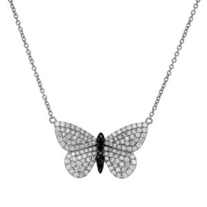 New 14k white gold butterfly pendant set with 0.49 carats of round brilliant earth-mined diamonds plus 0.03 carats of round brilliant black diamonds on an 18" cable chain.