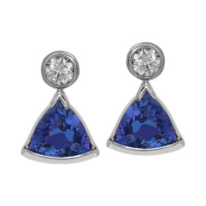Vintage 14k yellow gold earrings set with 1.00 carat of trillion tanzanites plus 0.50 carats of round brilliant earth-mined diamonds.