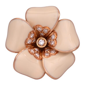 Vintage 18k rose gold Rosato ivory enamel floral ring set with 0.17 carats of round brilliant earth-mined diamonds.