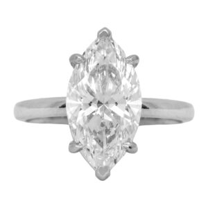 New 14k white gold solitaire engagement ring set with a 3.00 carat lab-grown marquise diamond.