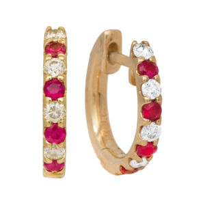 New 14k yellow gold huggie hoop earrings set with 0.20 carats of round brilliant rubies plus 0.17 carats of round brilliant earth-mined diamonds.