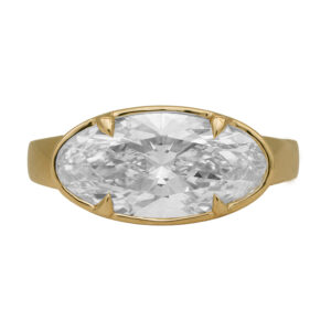 New 14k yellow gold East-West solitaire engagement ring set with a 4.25 carat oval lab-grown diamond. In an "East-West" setting, the center diamond is set horizontally across the finger rather than the traditional "North-South" orientation. Especially effective for elongated shapes such as oval, marquise, and emerald cuts.