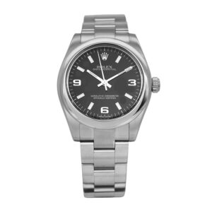 Pre-owned Rolex Datejust watch, 31mm in stainless steel with a black Arabic/stick dial, smooth bezel, Oyster bracelet, foldover clasp, and automatic movement, with card.