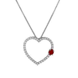 New 14k white gold heart pendant set with a 0.24 carat round brilliant ruby plus 0.56 carats of round brilliant earth-mined diamonds.