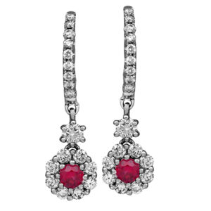 New 18k white gold halo earrings set with 0.26 carats of round brilliant rubies plus 0.59 carats of round brilliant earth-mined diamonds.