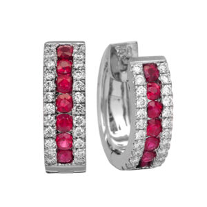 New 18k white gold hoop earrings set with 0.61 carats of round brilliant rubies plus 0.35 carats of round brilliant earth-mined diamonds.