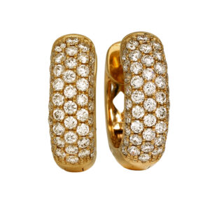 New 18k yellow gold huggie hoop earrings set with 1.26 carats of round brilliant earth-mined diamonds.
