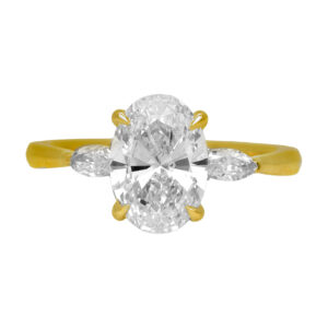 New 14k yellow gold engagement ring set with a 2.00 carat lab-grown oval diamond plus 0.27 carats of lab-grown round brilliant and marquise diamonds.