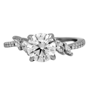 New 14k white gold engagement ring set with a 1.50 carat lab-grown round brilliant diamond plus 0.23 carats of lab-grown round brilliant and marquise diamonds.
