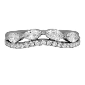 New 14k white gold double row curved band set with 0.75 carats of lab-grown round brilliant and marquise diamonds.