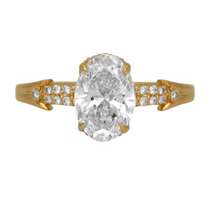 New 14k yellow gold outer halo engagement ring set with a 2.00 carat lab-grown oval diamond plus 0.33 carats of lab-grown round brilliant diamonds.